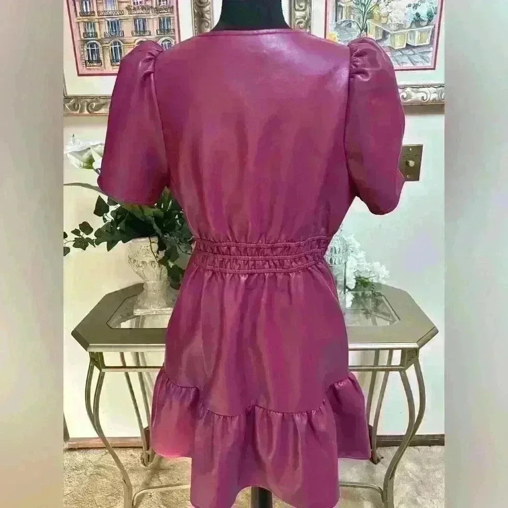 Women's Faux Leather Puff-Sleeve Dress — Bordeaux - Picture 5 of 13
